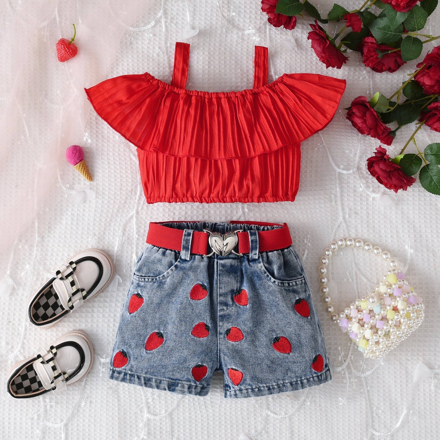 Sling Off-neck Solid Color Top Denim Shorts Suit
