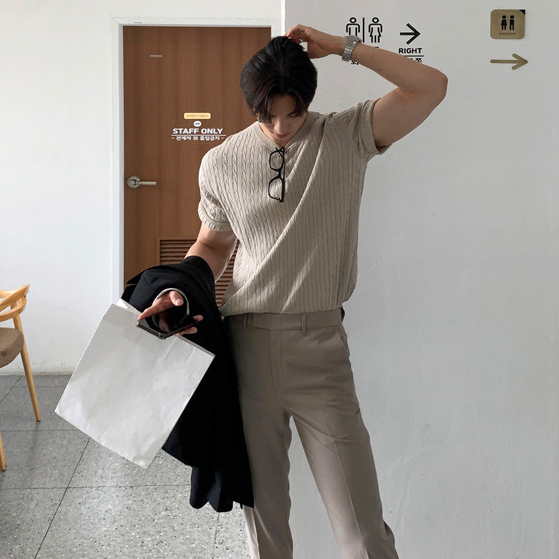 Casual Pure Color All-matching Knitted T-shirt For Men