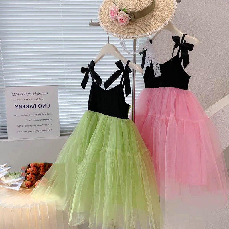 Girls' Casual Bow Suspender Mesh Dress