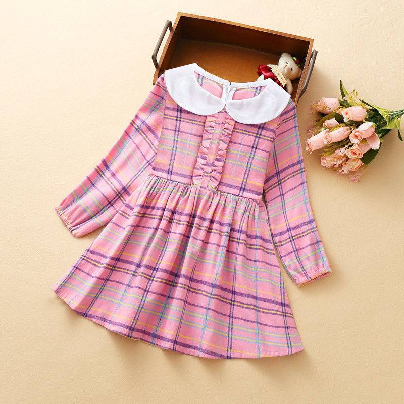 Girls Doll Collar Plaid Princess Dress