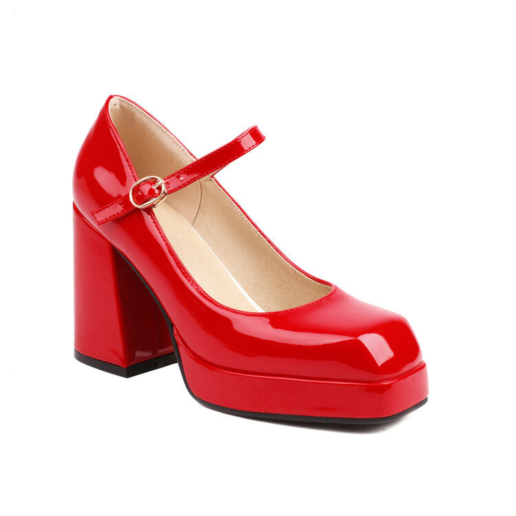 Spring Summer New Women's Shoes Mary Jane High Heels Patent Leather Square Toe