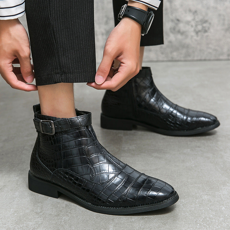 Men's Crocodile Pattern Boots Fashion Pointed Toe Low Square Heel Buckle Zipper Ankle Boots Business Formal Leather Shoes   (Available)