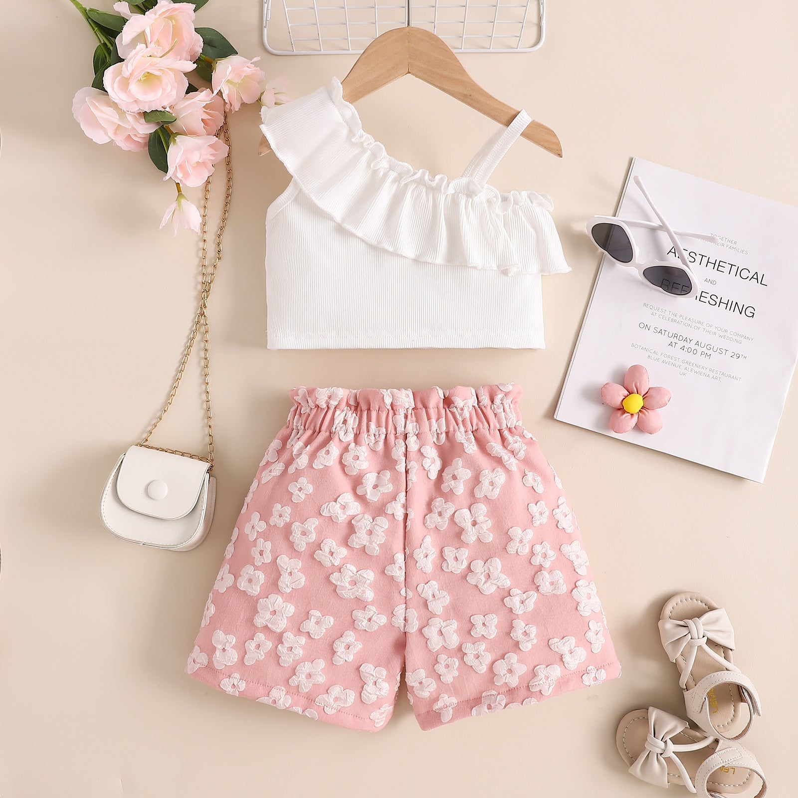 Women's Summer Oblique Shoulder Tops Flower Shorts Suit