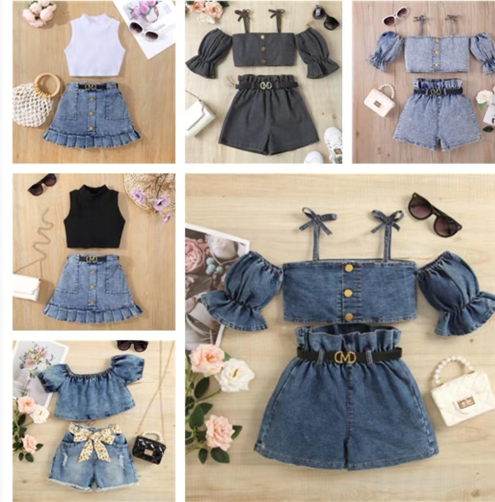 Girls' Suspender Constricted Lantern Sleeves Denim Open Top