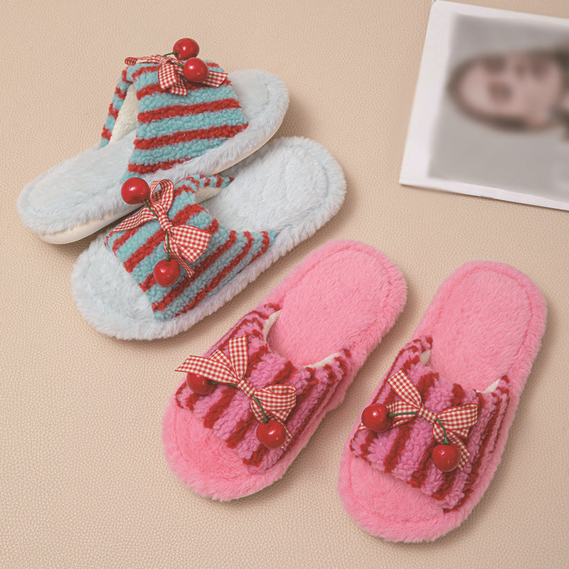 Contrast Color Cherry Open Plush Slippers