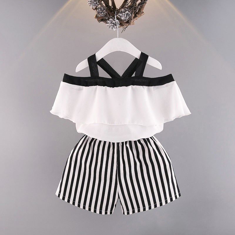 Two-piece Frilled Chiffon Shirt With Striped Shorts