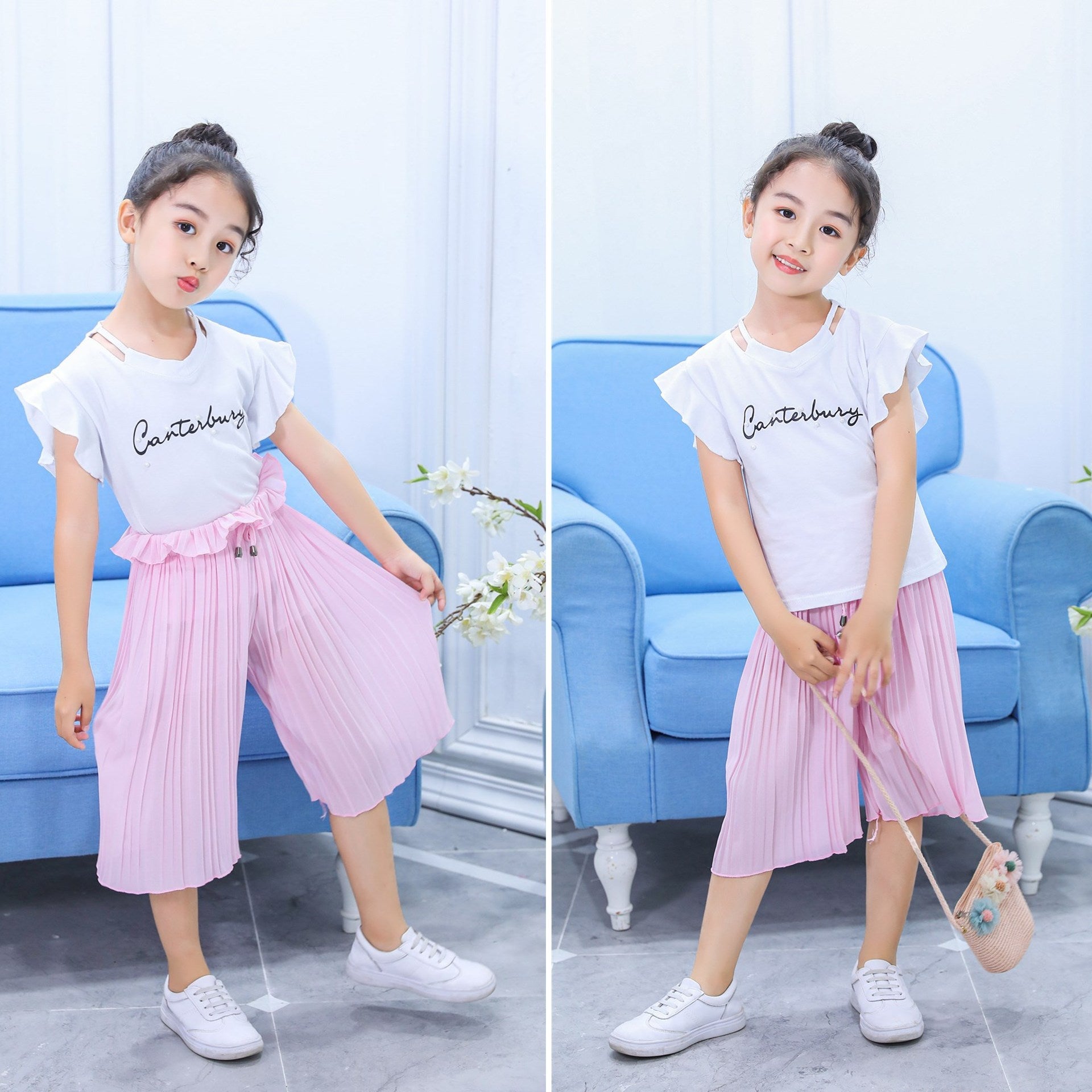 Girls Chiffon Wide Leg Pants Pleated Flying Sleeve Top Set