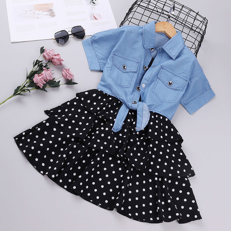 New style Sort-Sleeved Denim Jacket Western Style Polka Dot Suspender Skirt