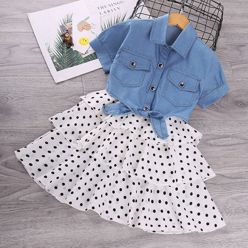New style Sort-Sleeved Denim Jacket Western Style Polka Dot Suspender Skirt