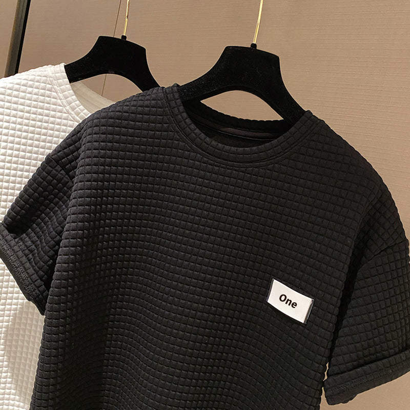 Spring And Summer New Short Sleeve T-Shirt Waffle Letter Loose Round Neck Pullover T-Shirt