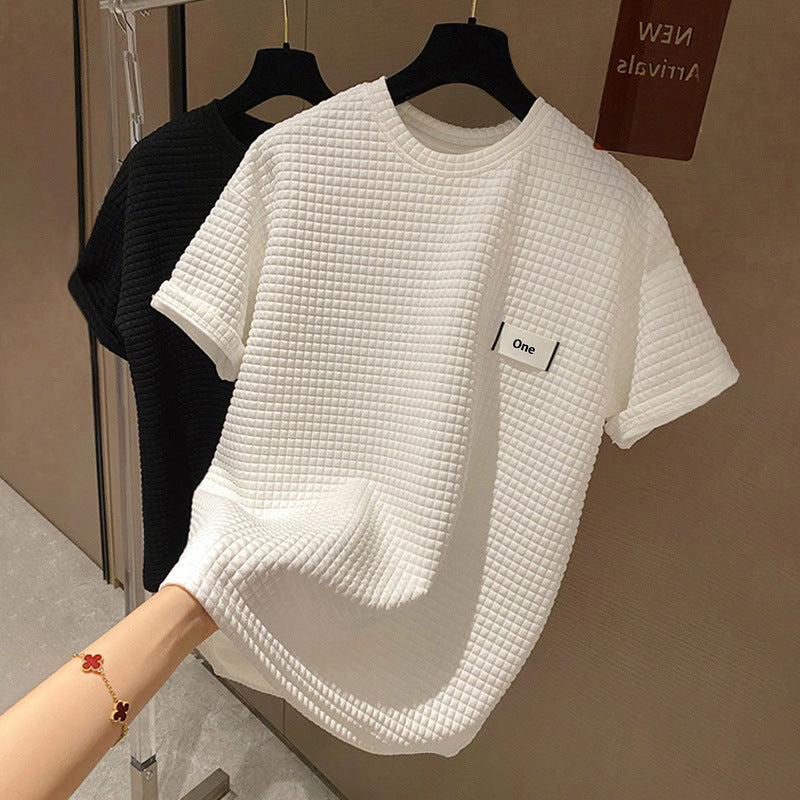 Spring And Summer New Short Sleeve T-Shirt Waffle Letter Loose Round Neck Pullover T-Shirt