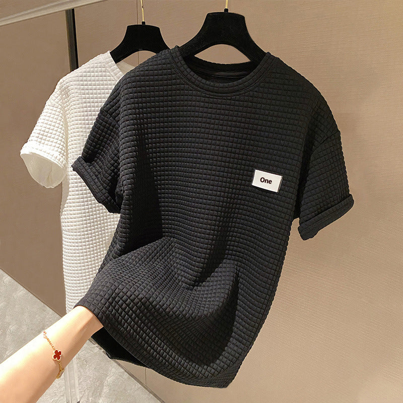 Spring And Summer New Short Sleeve T-Shirt Waffle Letter Loose Round Neck Pullover T-Shirt