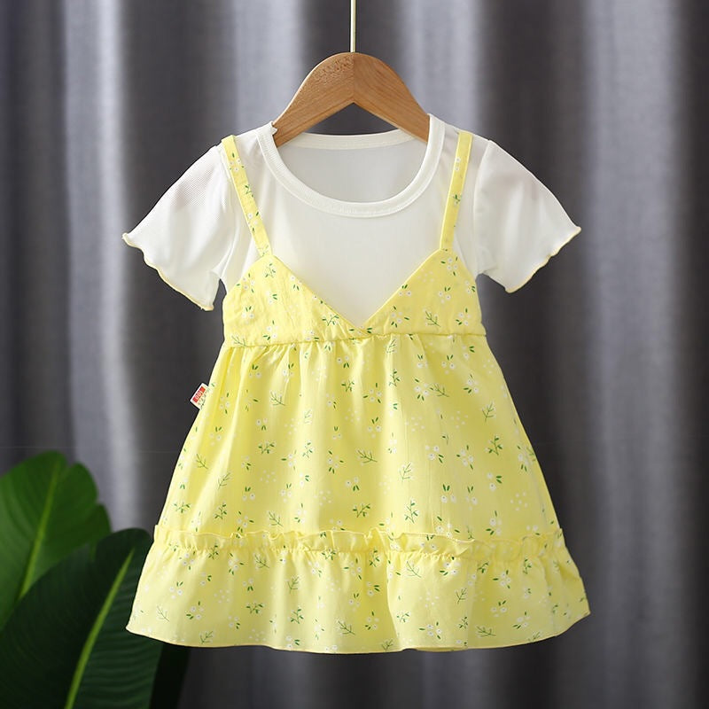 Girls' Dress Summer Style Fashion Round Neck Fake Two-piece Suspender Skirt