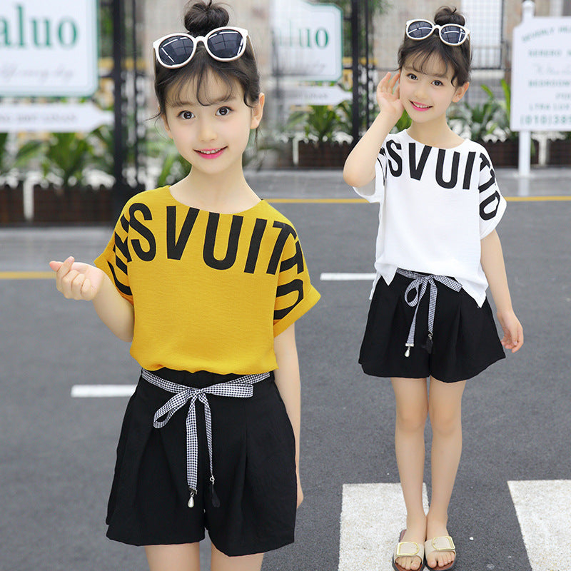 Korean Alphabet Short-sleeved Wide-leg Shorts