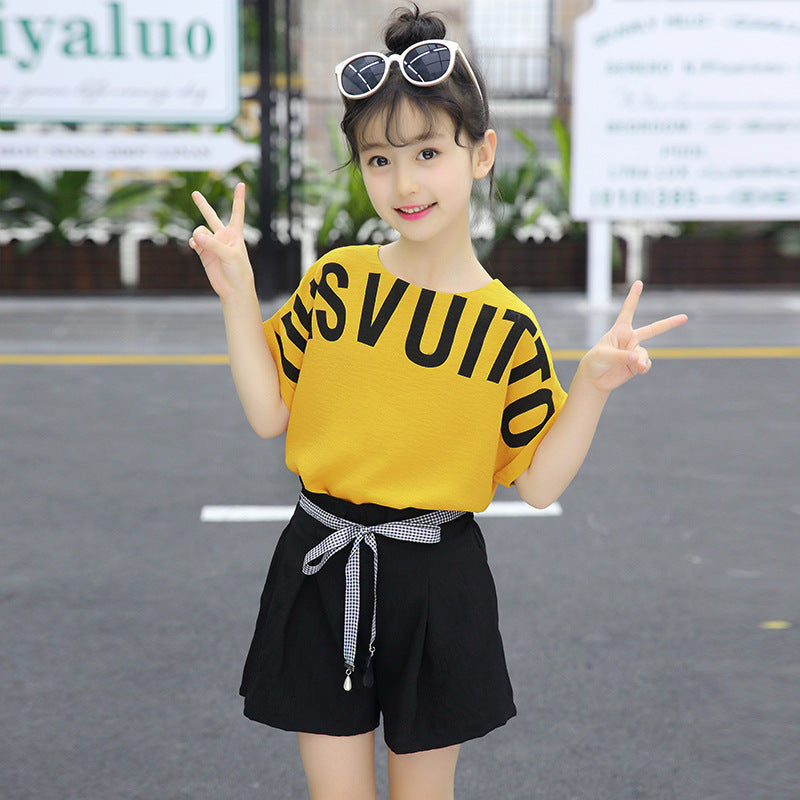 Korean Alphabet Short-sleeved Wide-leg Shorts