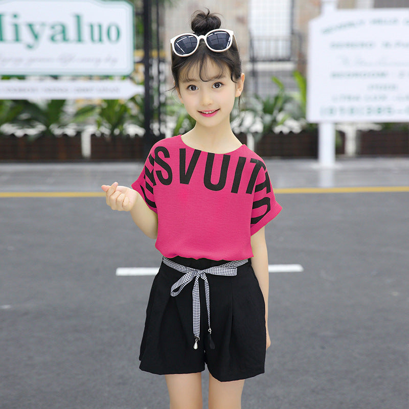 Korean Alphabet Short-sleeved Wide-leg Shorts