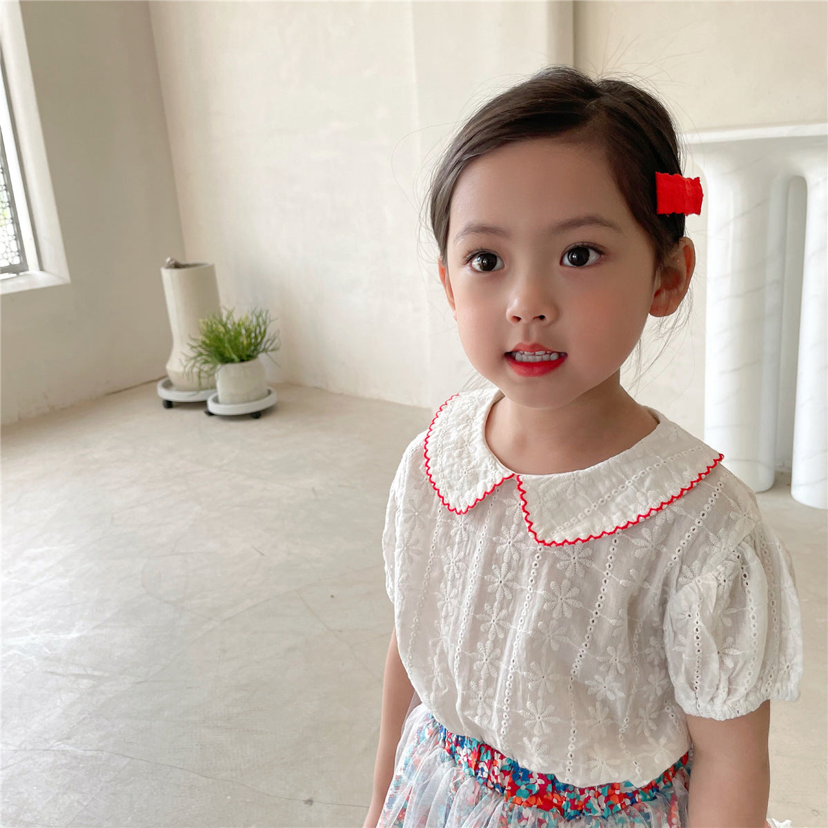 Children's Short-sleeved Shirt And Floral Gauze Skirt Two-piece Suit