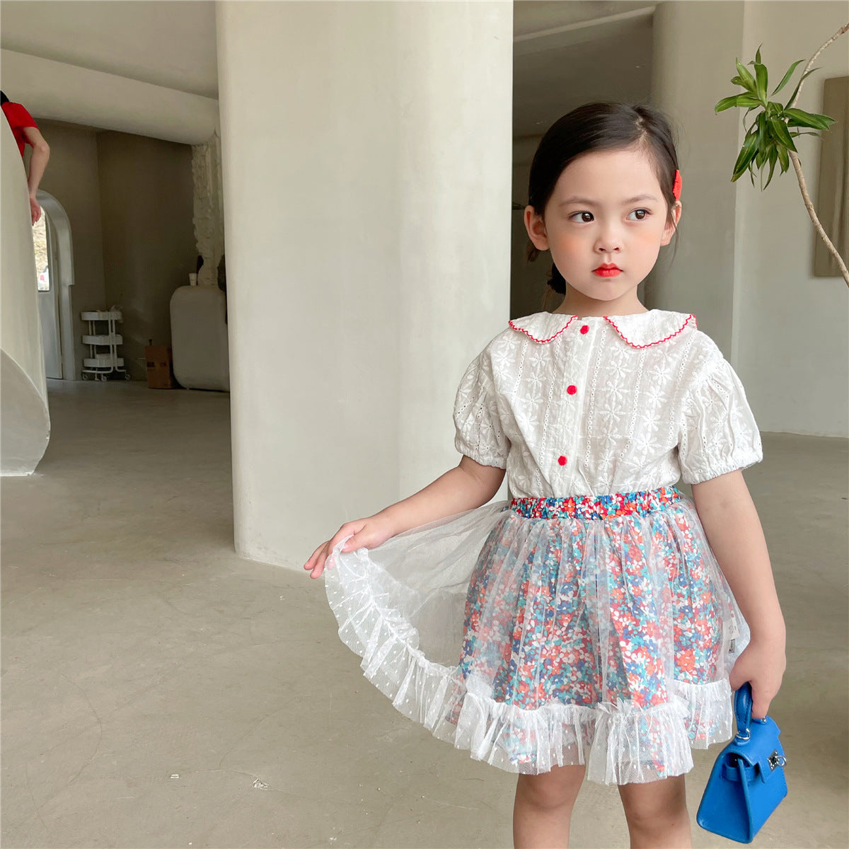 Children's Short-sleeved Shirt And Floral Gauze Skirt Two-piece Suit