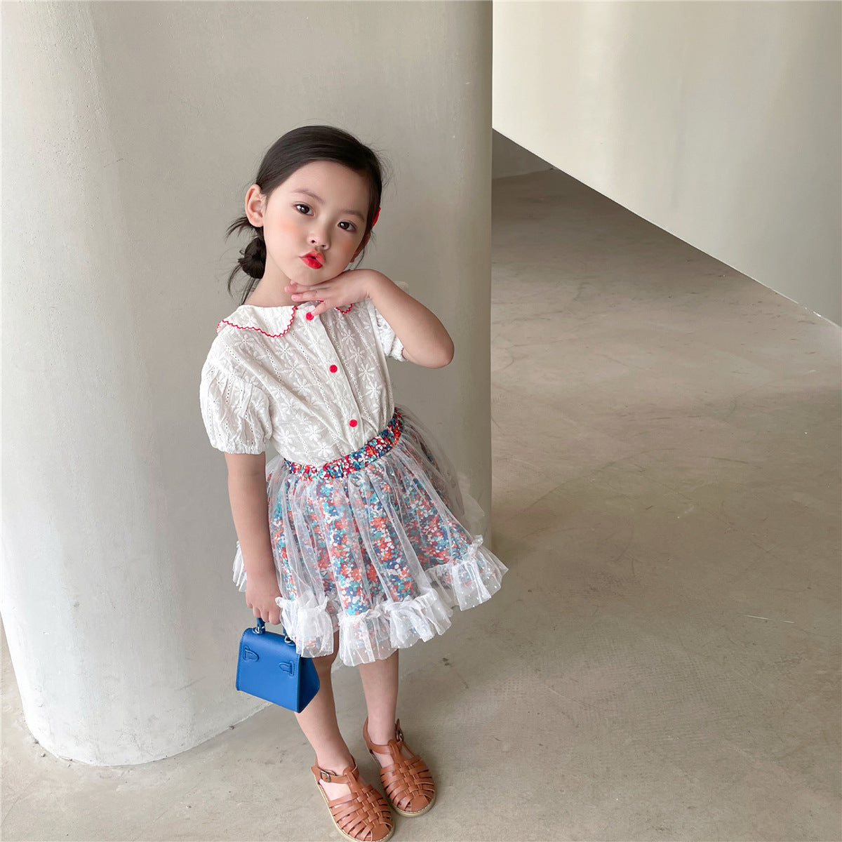 Children's Short-sleeved Shirt And Floral Gauze Skirt Two-piece Suit