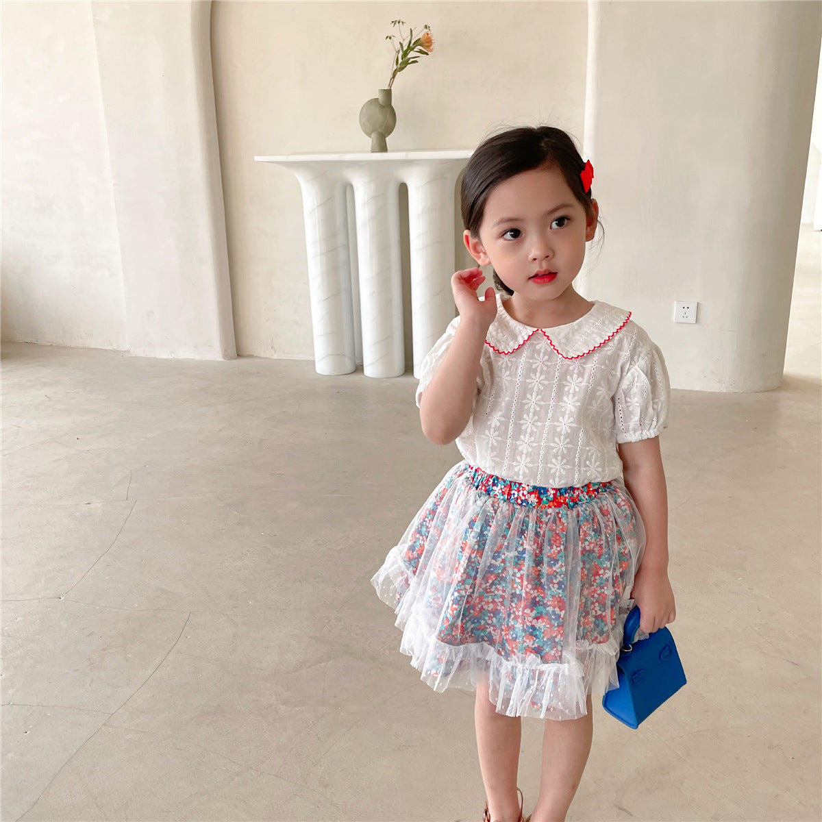 Children's Short-sleeved Shirt And Floral Gauze Skirt Two-piece Suit