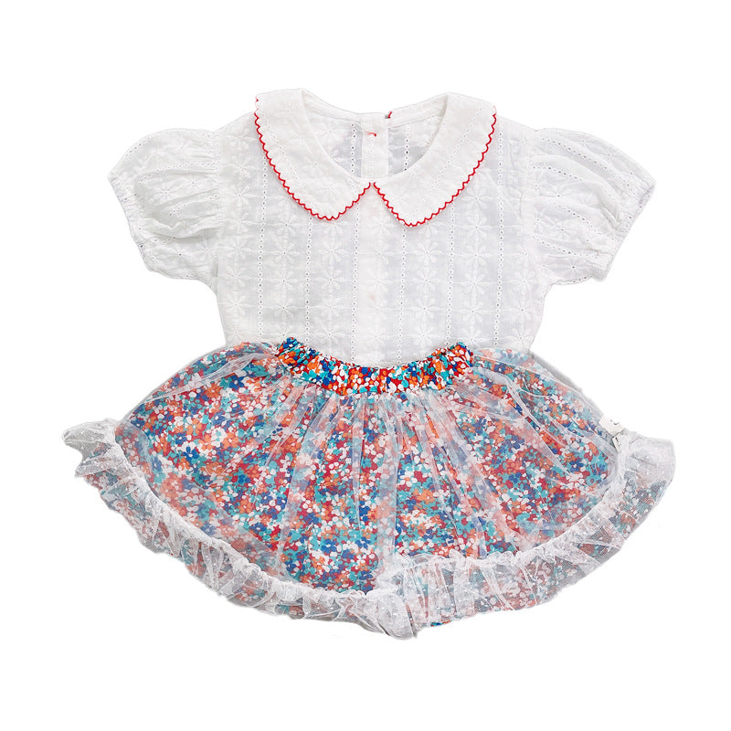 Children's Short-sleeved Shirt And Floral Gauze Skirt Two-piece Suit