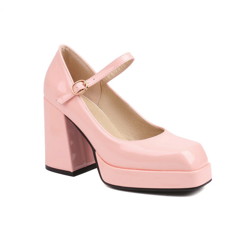 Spring Summer New Women's Shoes Mary Jane High Heels Patent Leather Square Toe