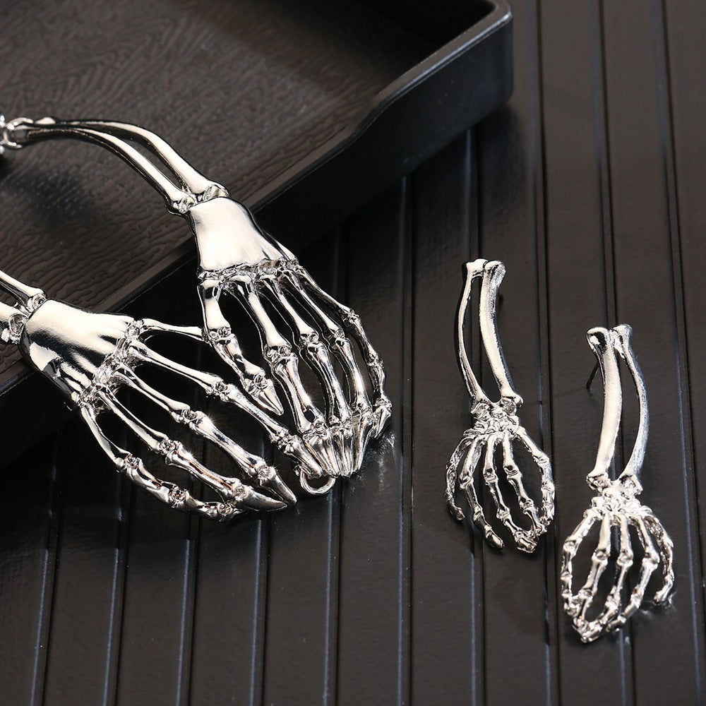 Metal Retro Bone Ghost Hand Necklace Necklace And Earrings Suite