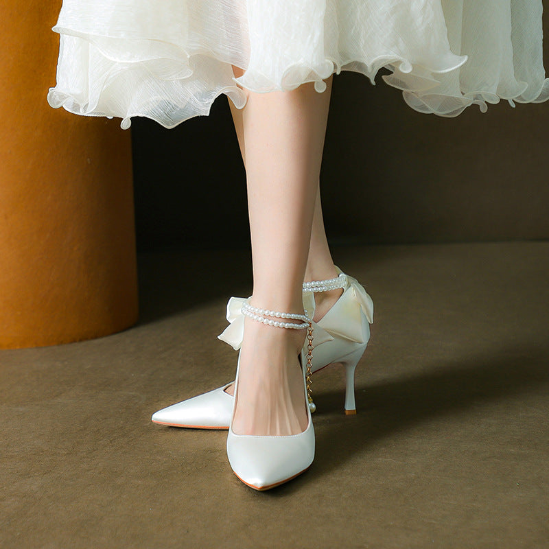 Stiletto Pointed Toe Pearls Strap High Heels