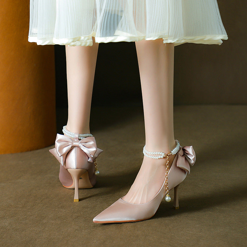 Stiletto Pointed Toe Pearls Strap High Heels