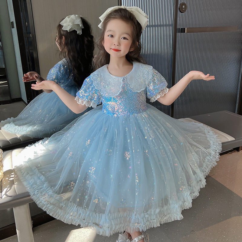 Girls Birthday Dress Doll Collar Sequins Umbrella Princess Dress