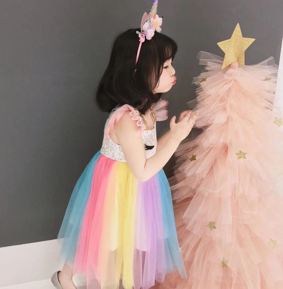 Girls' Summer Rainbow Dress Pompous Mesh