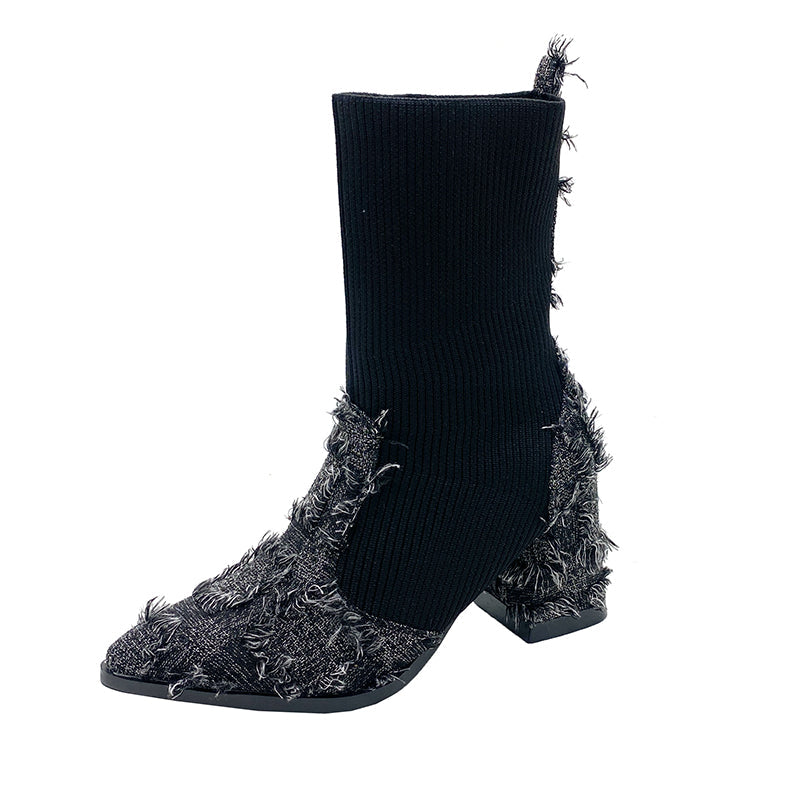 Women's Fringe And Knit Combination Mid-Calf Boots, Boho Chunky Block Heel Ankle Booties, Pointed Toe Slip-On Casual Boots With Raw Cut Edge Detail