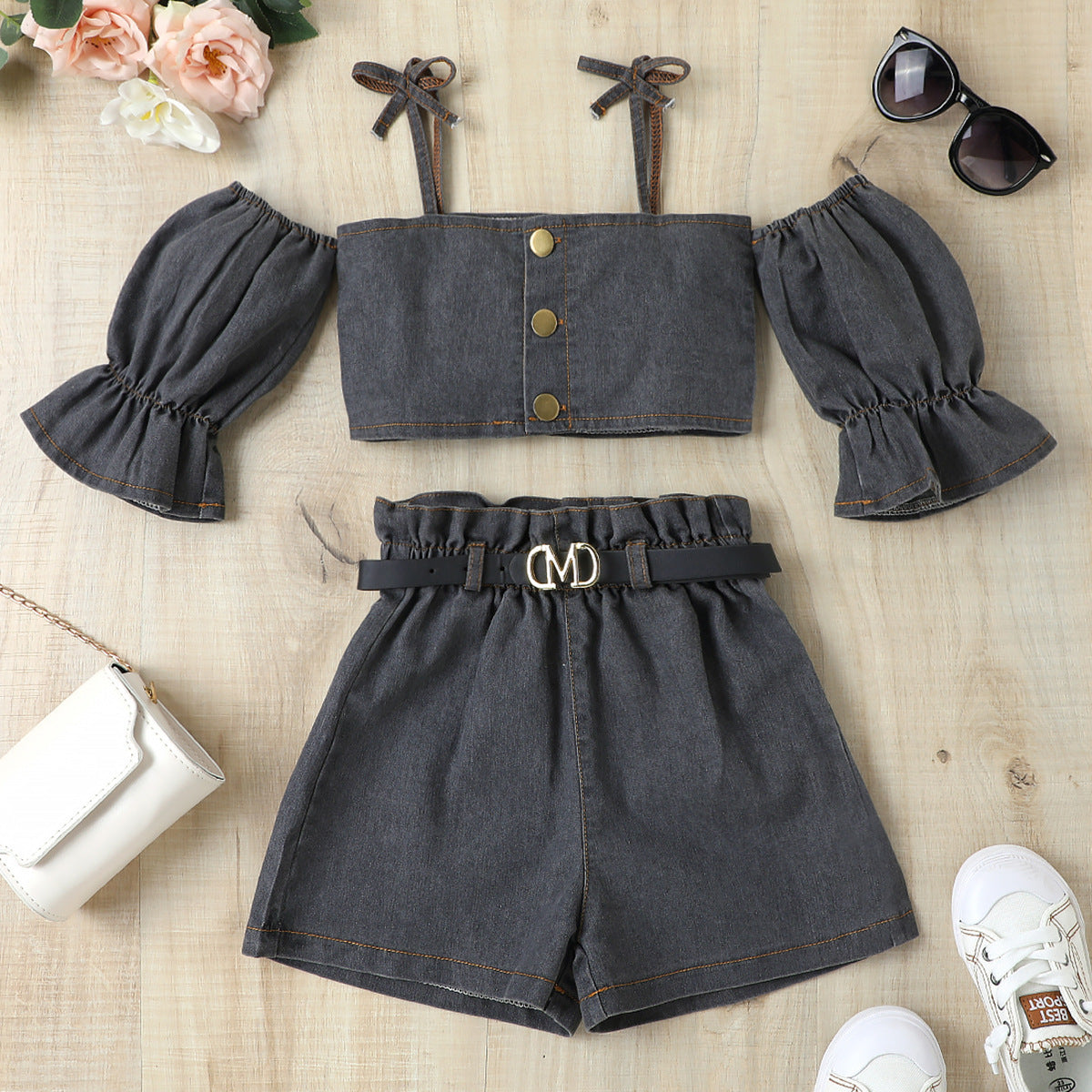 Girls' Suspender Constricted Lantern Sleeves Denim Open Top