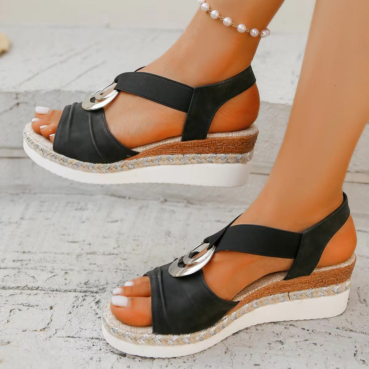 Plus Size Women's Metal Buckle Decorative Hemp Rope Wedge Light Bottom Peep Toe Sandals