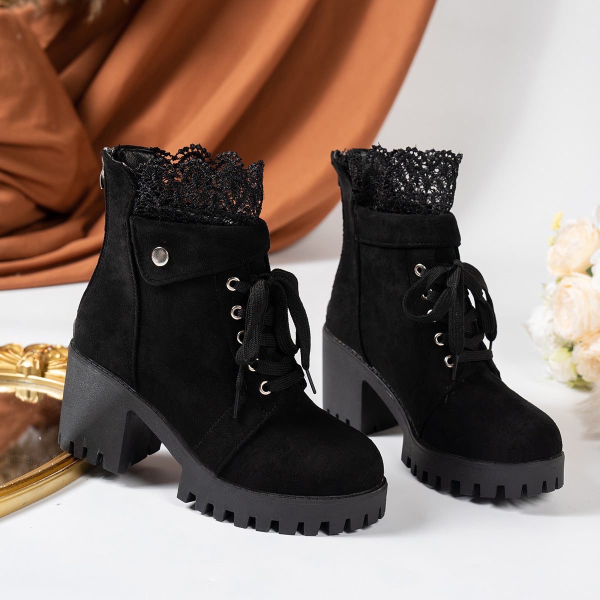 High Heel Chunky Heel Lace-up British Style Martin Boots