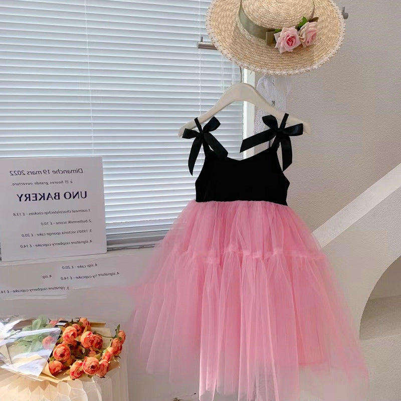 Girls' Casual Bow Suspender Mesh Dress