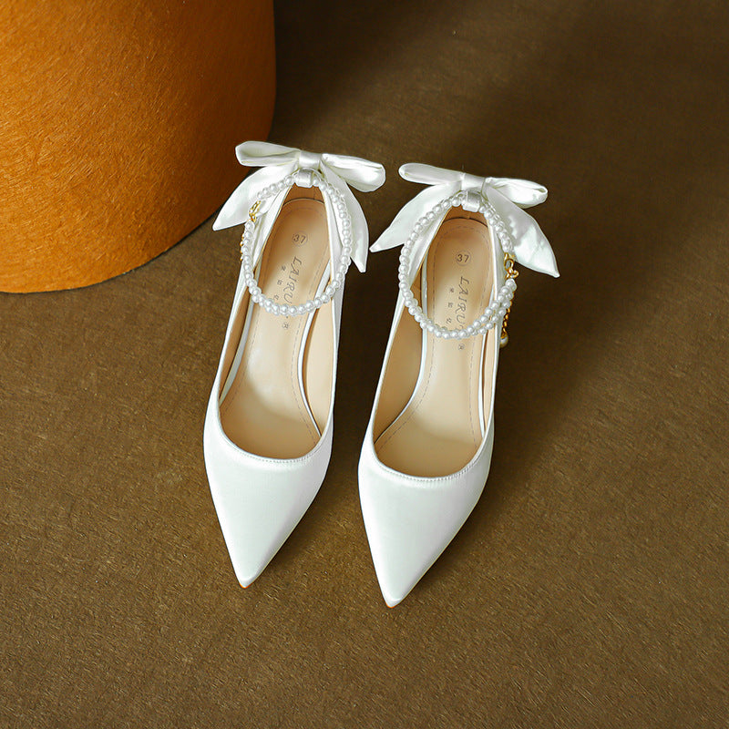Stiletto Pointed Toe Pearls Strap High Heels