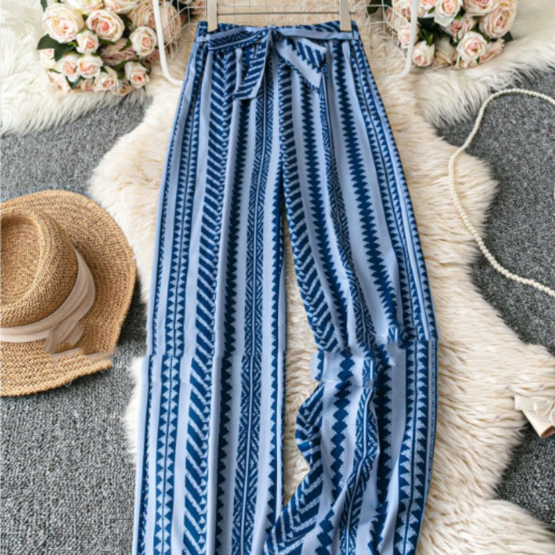 Striped Digital Printing Wide Leg Leisure Slim Fit Tied Cropped Pants