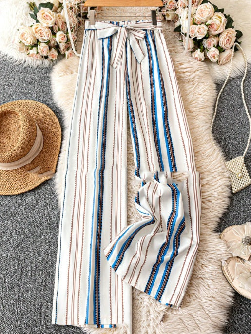 Striped Digital Printing Wide Leg Leisure Slim Fit Tied Cropped Pants