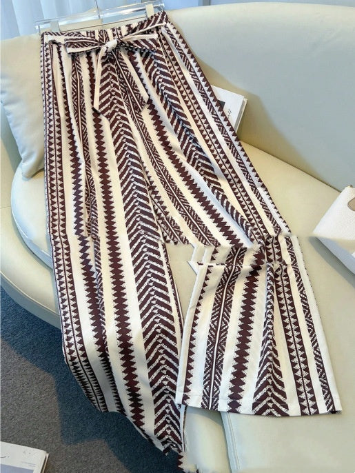 Striped Digital Printing Wide Leg Leisure Slim Fit Tied Cropped Pants