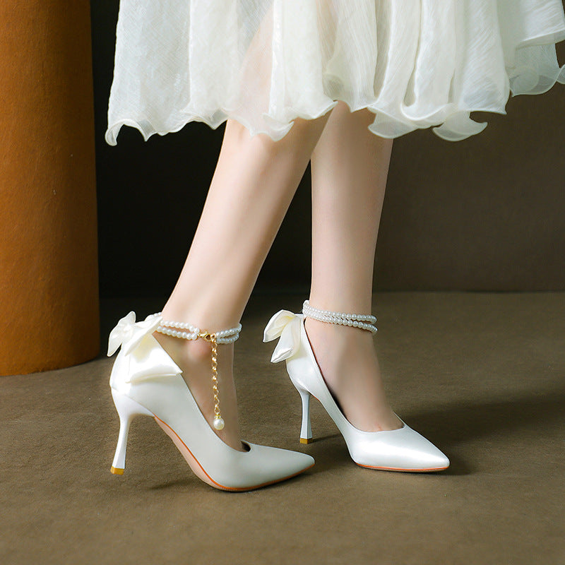 Stiletto Pointed Toe Pearls Strap High Heels