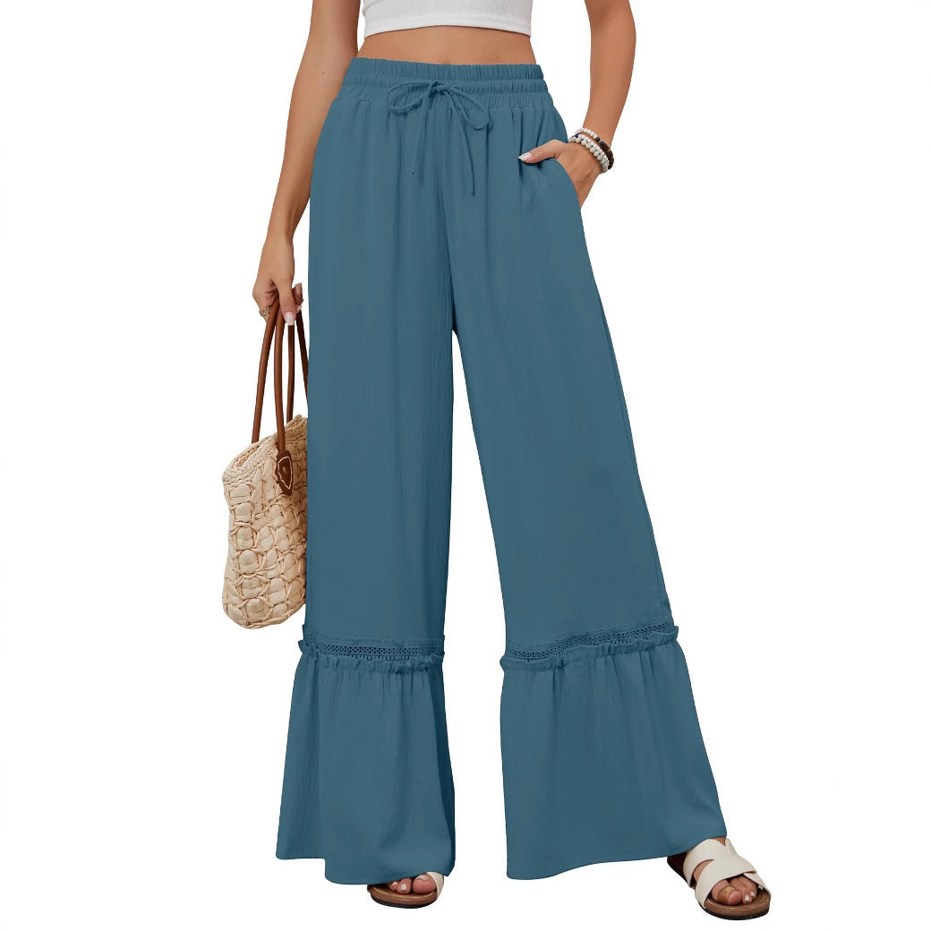 Solid Color High Waist Casual Pants Women's Drawstring Wide Leg Pants