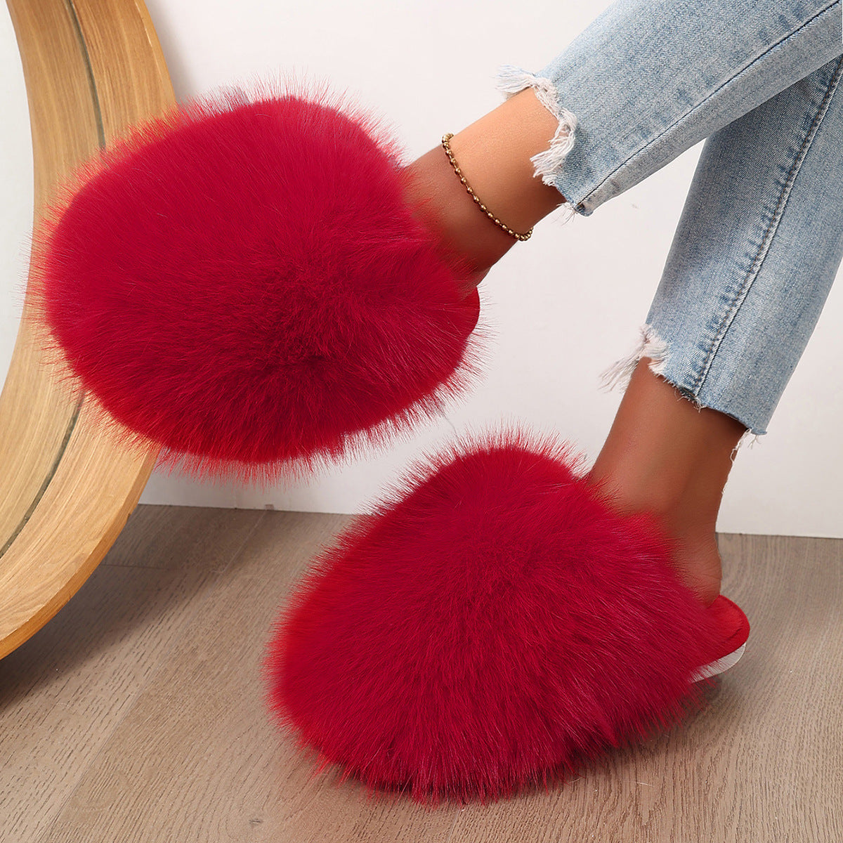 Women's Plus-size Solid Color Fluffy Big Furry Slippers