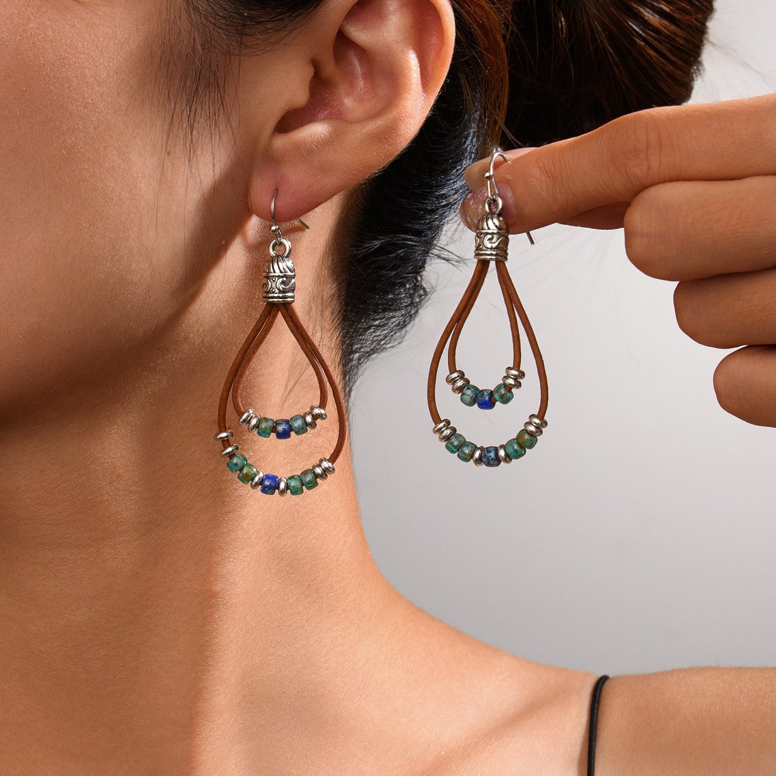 Vintage Earrings Ethnic Style Antique Silver Flower Turquoise Rope Pendant Women's Jewelry