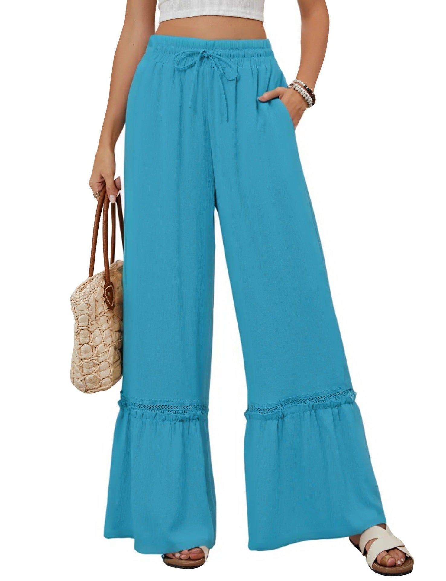 Solid Color High Waist Casual Pants Women's Drawstring Wide Leg Pants