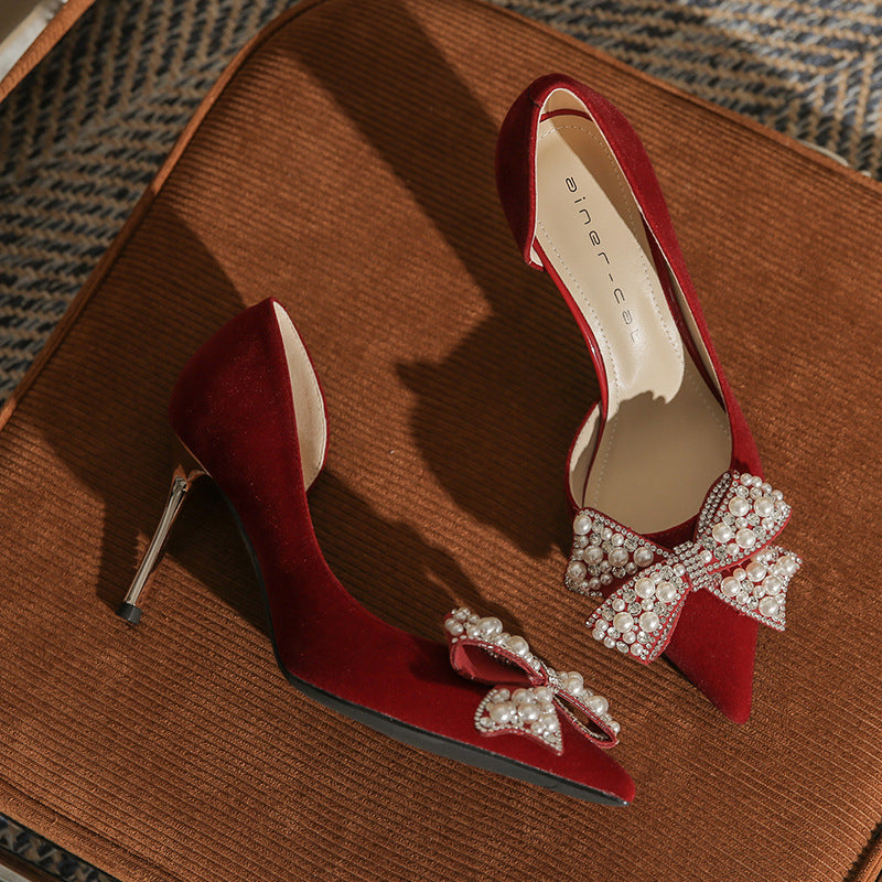 Women's Stiletto Heel Pointed Toe Side Empty Rhinestone Bow Pumps