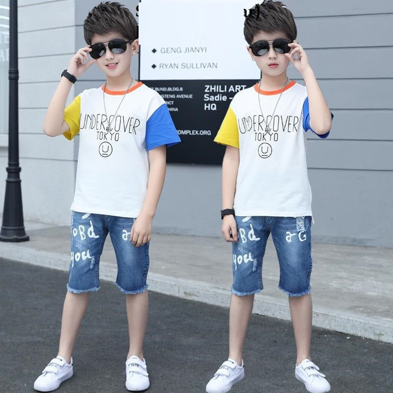Summer Clothing For Boys Short Sleeve Sets Fashion Letters Patchwork Print Top & Pants 2 Piece Suits Children Outfits Costums (Available)