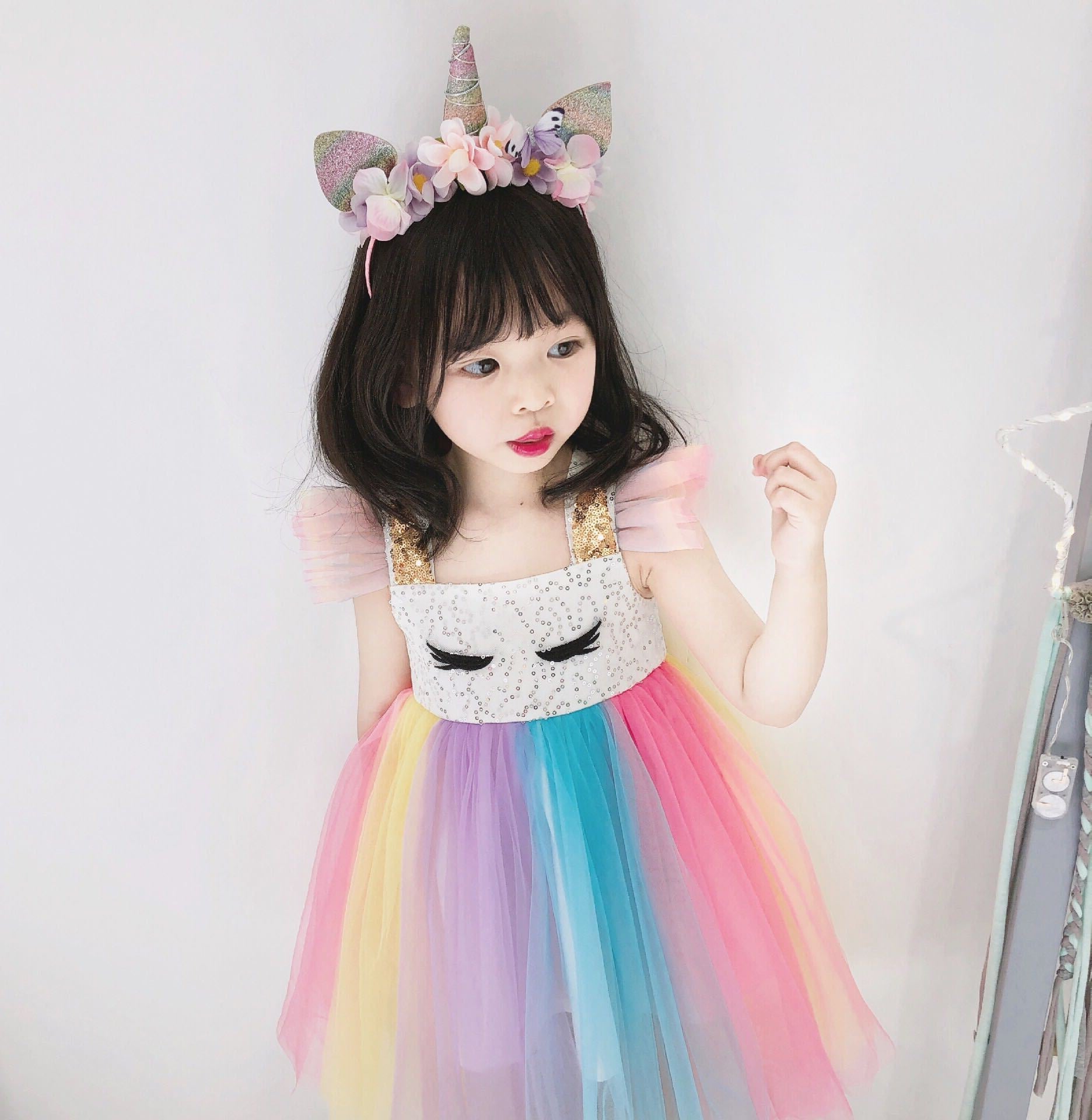 Girls' Summer Rainbow Dress Pompous Mesh