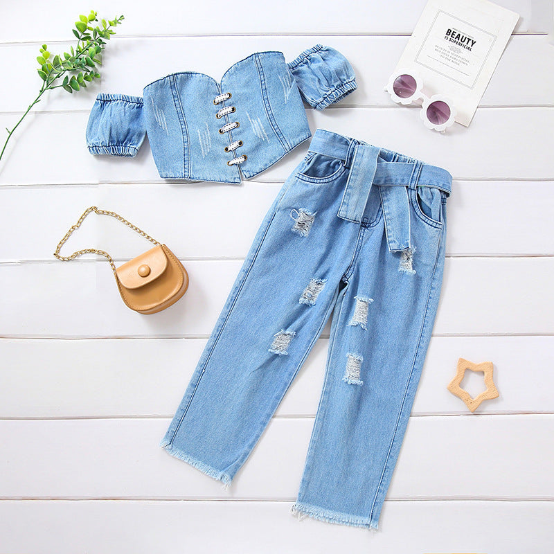 Girls' Off-shoulder Short Sleeve Lace-up Tube Top Denim Ripped Trousers Belt Suit