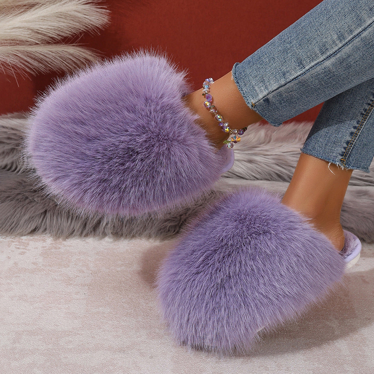 Women's Plus-size Solid Color Fluffy Big Furry Slippers